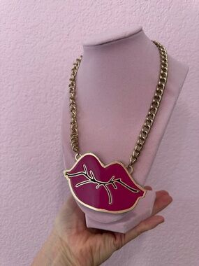 Betsey Johnson Gold-Tone Chain Necklace with Hot Pink Lip Pendant